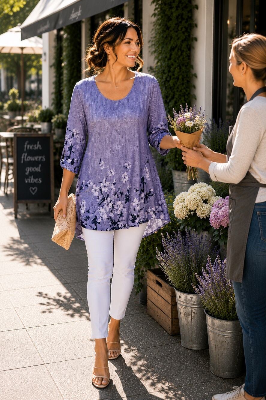 Tencole Lavender Floral Swing Tunic Top Size L Soft Stretch Boho